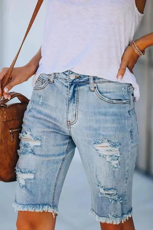 Rivets Ripped Capris Straight Denim Shorts - Fashionpara