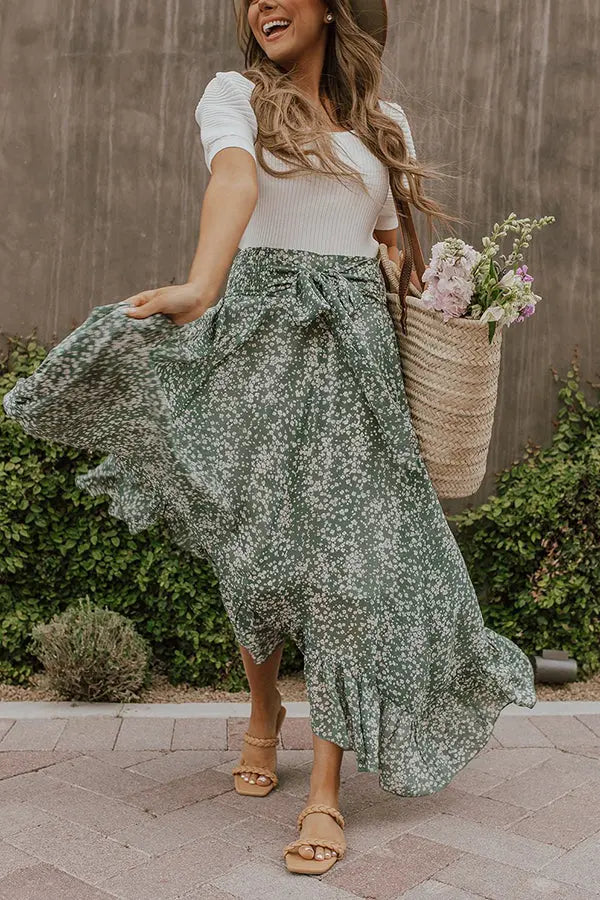Floral Asymmetric Flounce Belted Maxi Skirt - Fashionpara