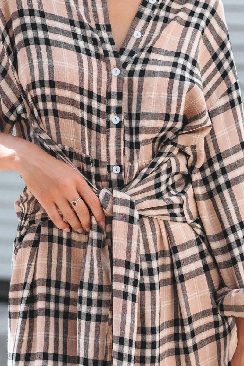 Plaid Tie Front Mini Shirt Dress - Fashionpara