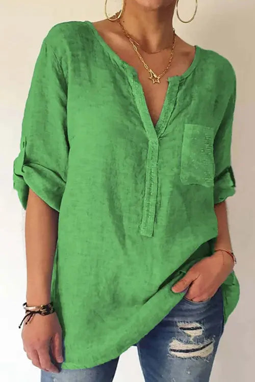 Sequin Pockets V Neck Blouse - Fashionpara