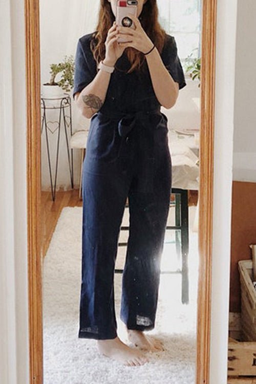 Linen V Neck Wrap Jumpsuits - Fashionpara