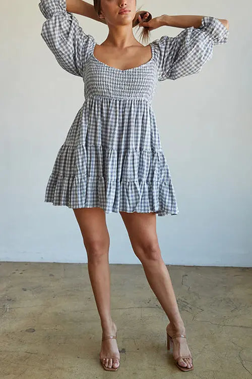 Smocked Gingham Babydoll Dress - Fashionpara