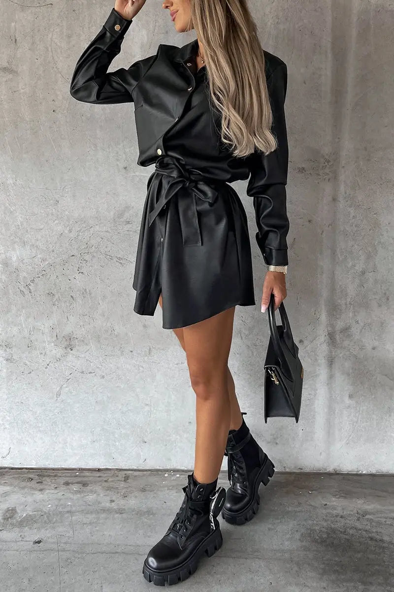 Timeless Button Down Faux Leather Shacket Dress - Fashionpara