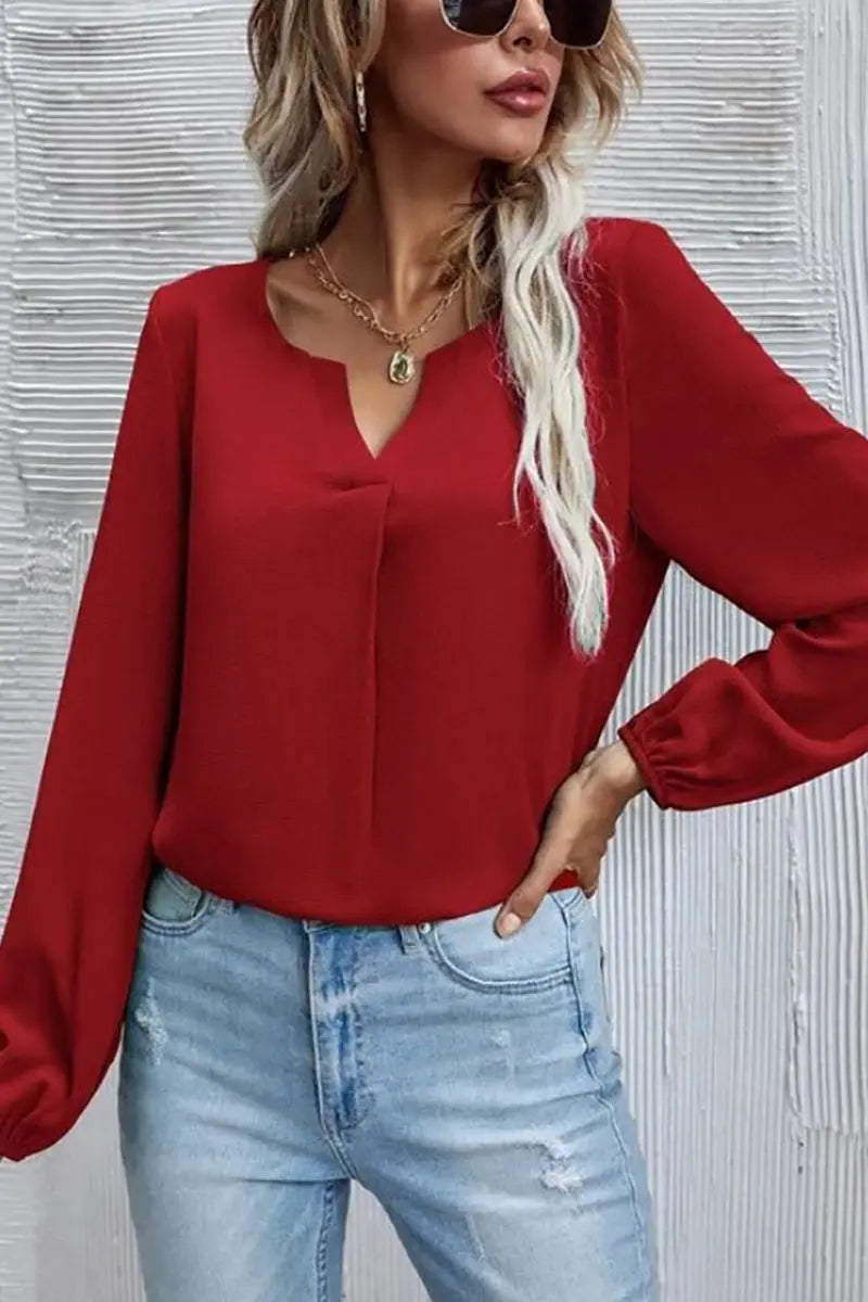 V Neck Long Sleeve Blouse - Fashionpara