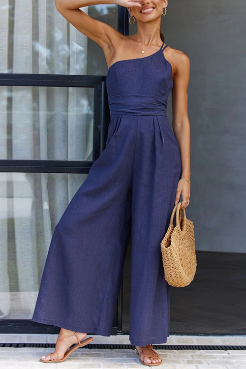One Shoulder Straps Wide Leg Jumpsuits - Fashionpara
