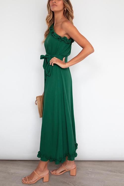 Ruffles One Shoulder Belted Maxi Dress - Fashionpara