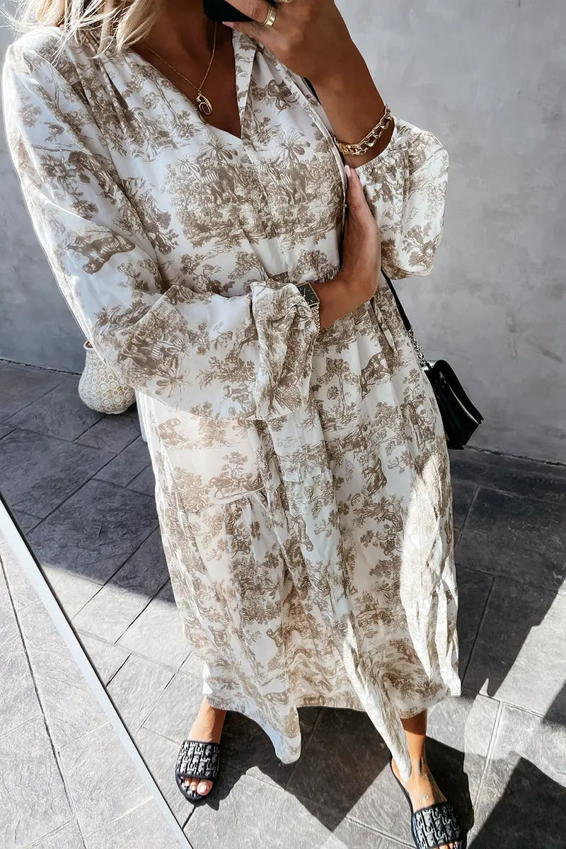 Floral V Neck Long Sleeve Maxi Dress - Fashionpara