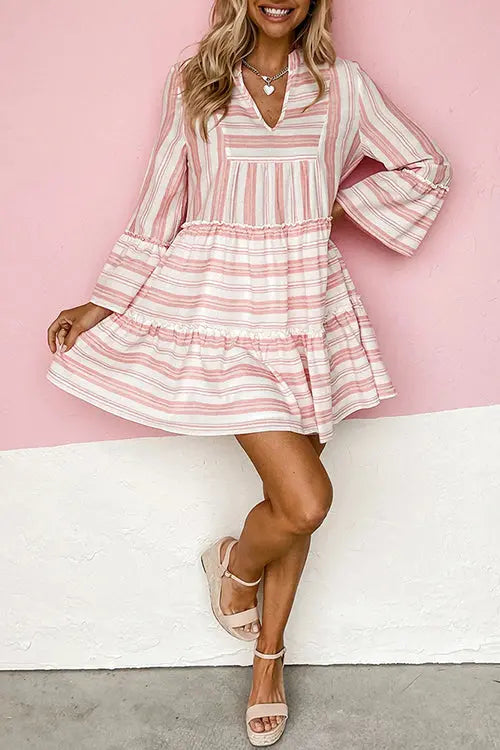 Striped Flares Sleeve Tiered Mini Dress - Fashionpara