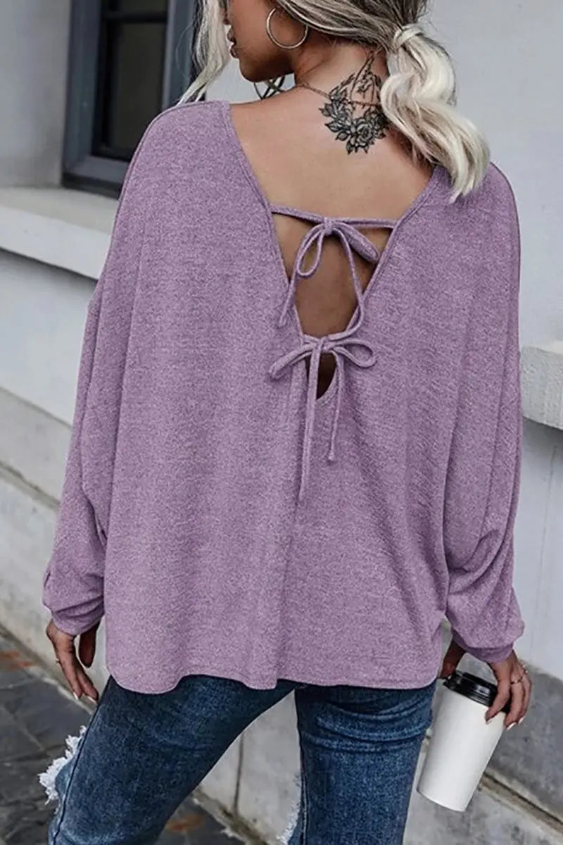 Tie Backless Long Sleeve Blouse - Fashionpara