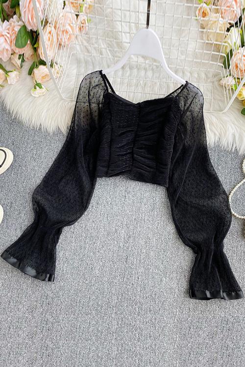 Mesh Puff Sleeve Crop Top - Fashionpara