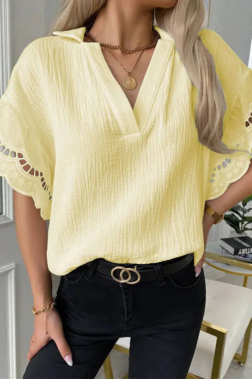 Keyhole Scalloped Edges V Neck Blouse - Fashionpara