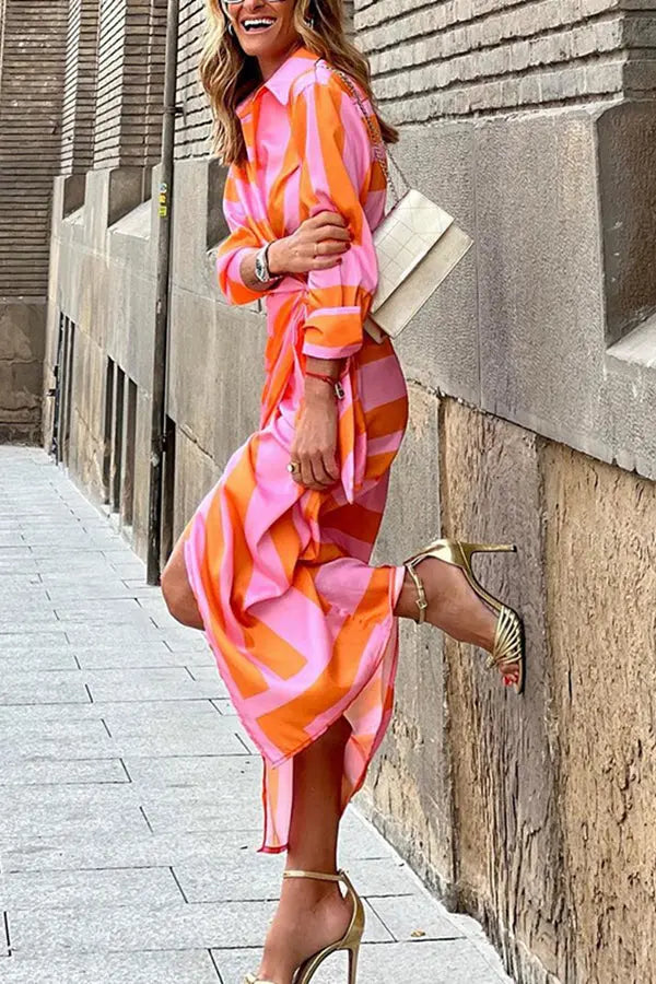 Stripe Knot Shirt Collat Midi Wrap Dress - Fashionpara