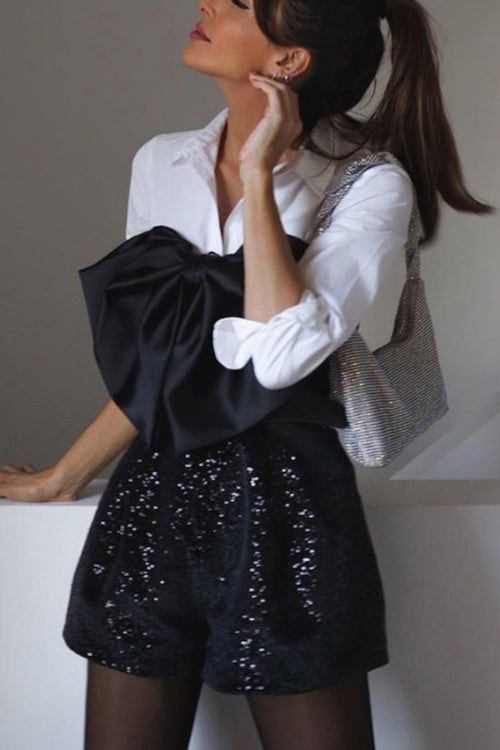 Satin Bow Halter Neck Sequin Short Romper - Fashionpara