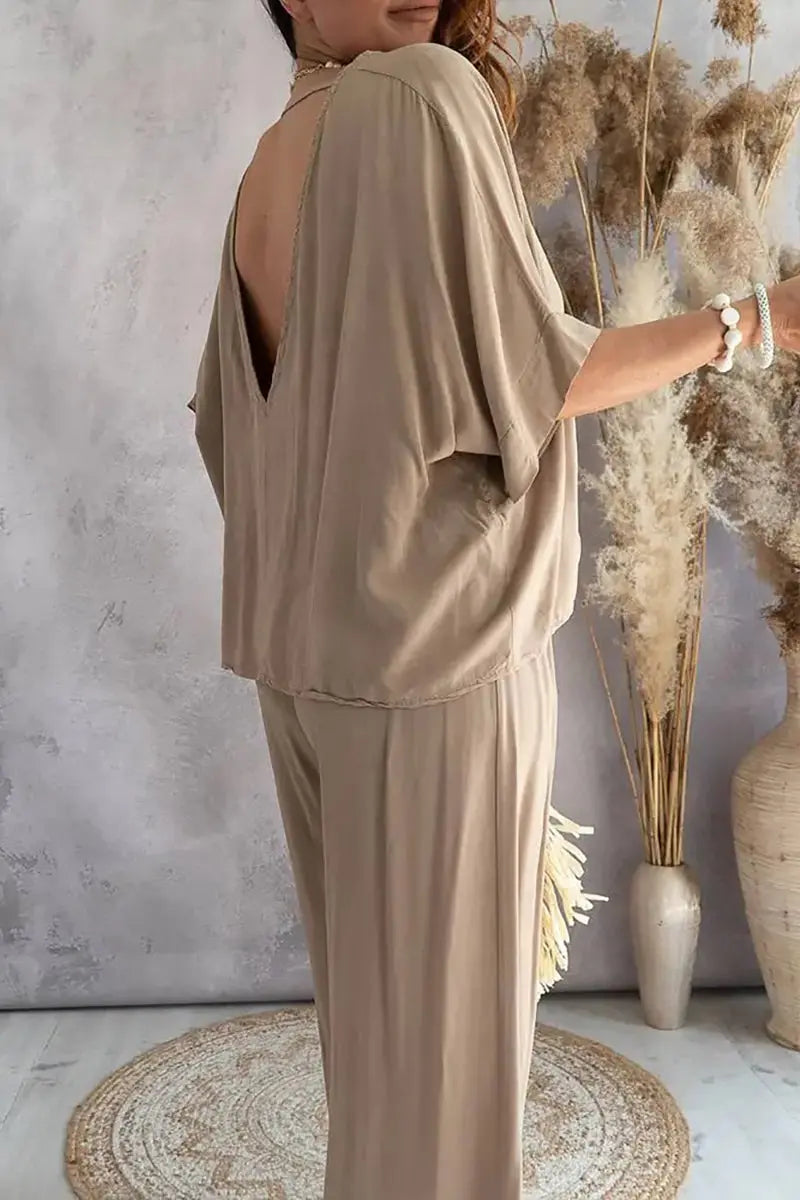 V Neck Bat Blouse Pants Set - Fashionpara