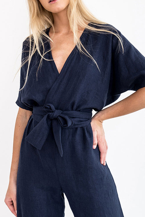 Linen V Neck Wrap Jumpsuits - Fashionpara
