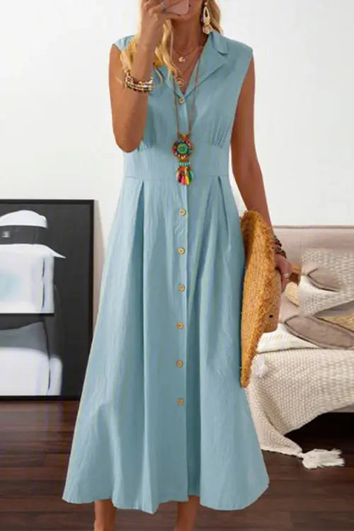 Lapel button Sleeveless Midi Dress - Fashionpara