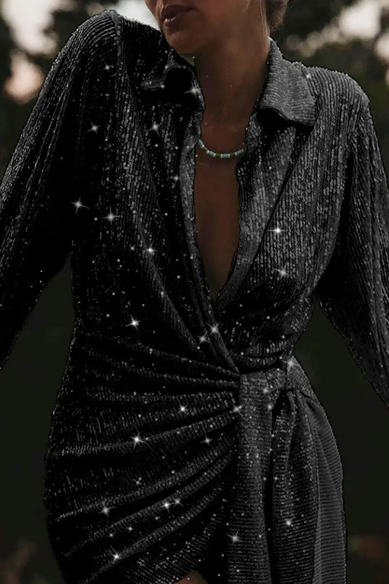 Seeing The Stars Sequin Wrap Mini Dress - Fashionpara