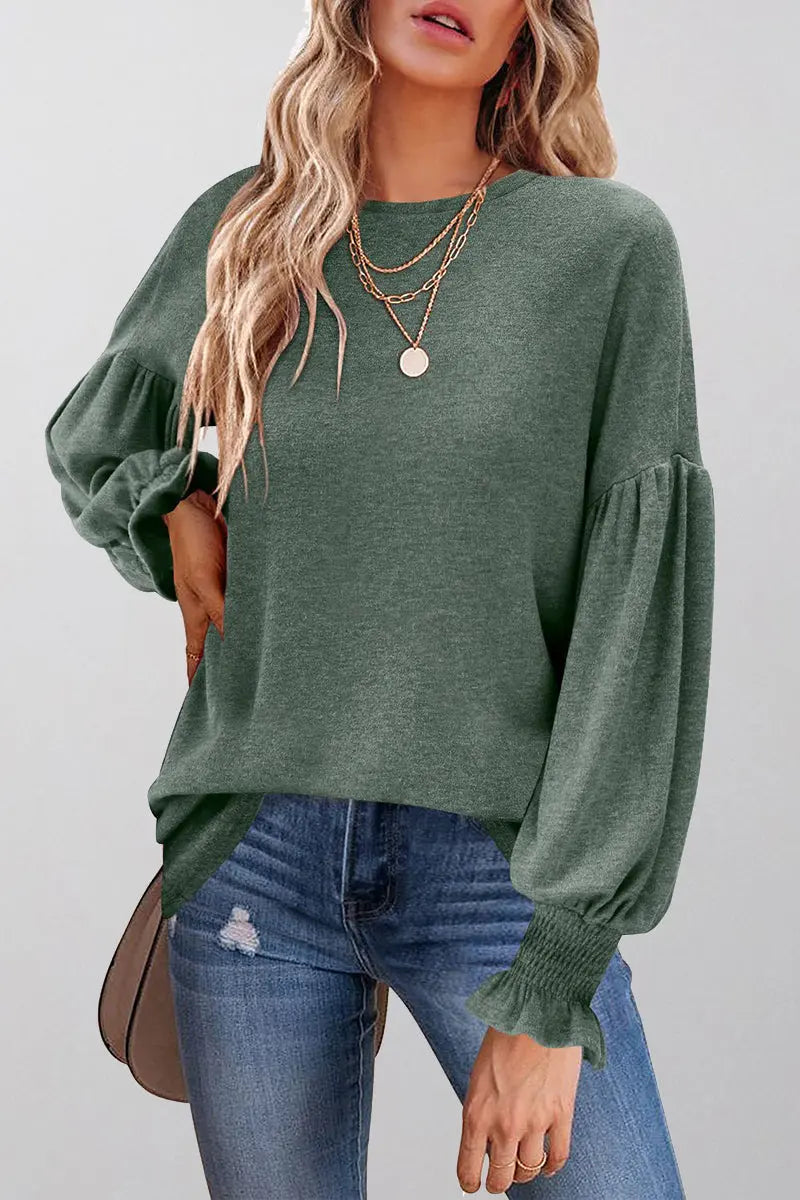 Cuff Sleeve O Neck Blouse - Fashionpara