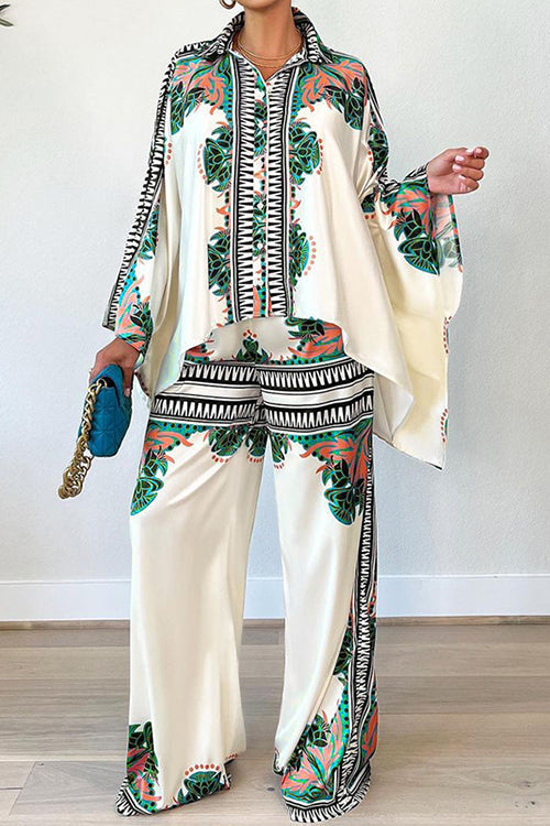 Print Bat Blouse Loose Pants Set - Fashionpara