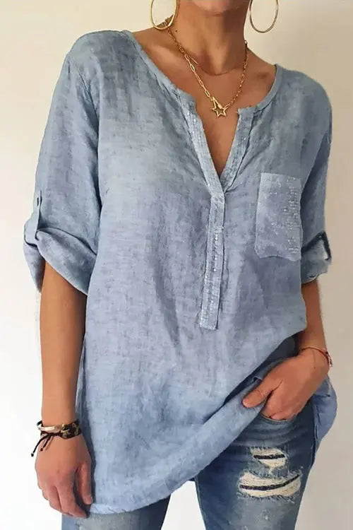 Sequin Pockets V Neck Blouse - Fashionpara
