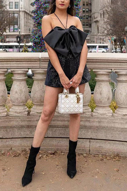 Satin Bow Halter Neck Sequin Short Romper - Fashionpara