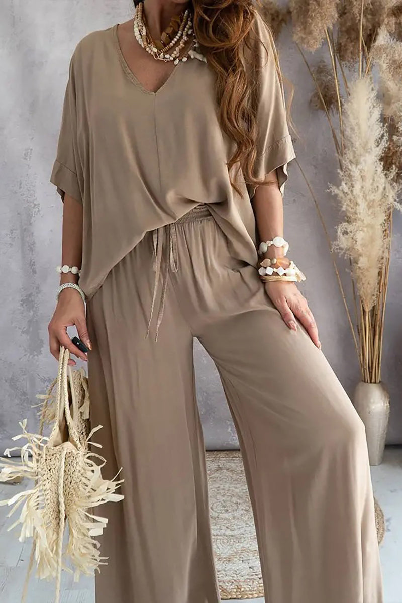 V Neck Bat Blouse Pants Set - Fashionpara
