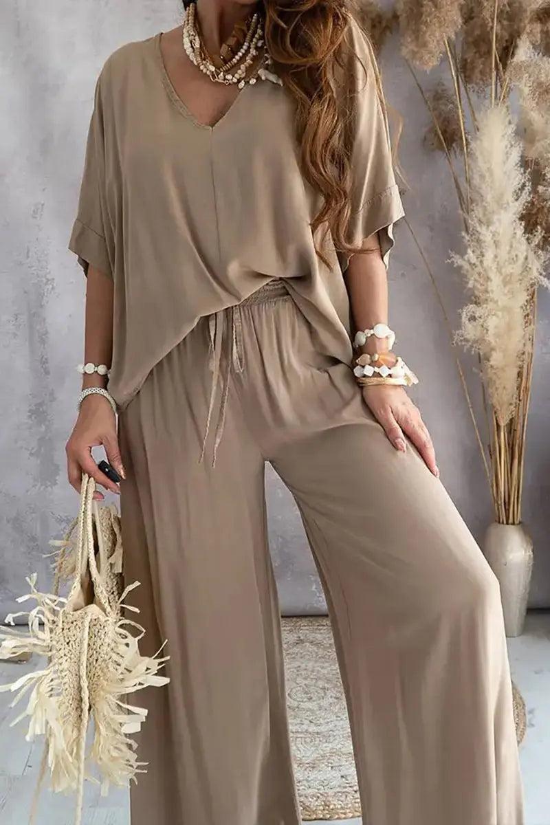 V Neck Bat Blouse Pants Set - Fashionpara