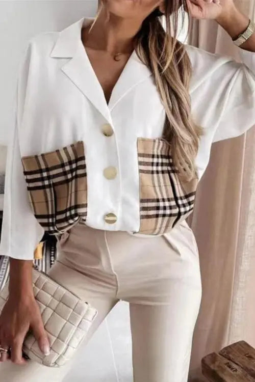 Lapel Plaid Pocket Button Blouse - Fashionpara