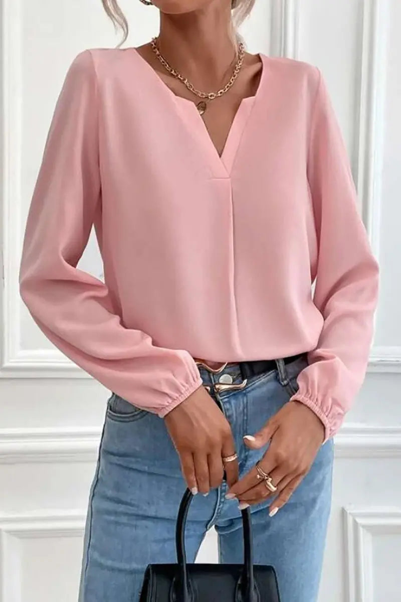 V Neck Long Sleeve Blouse - Fashionpara