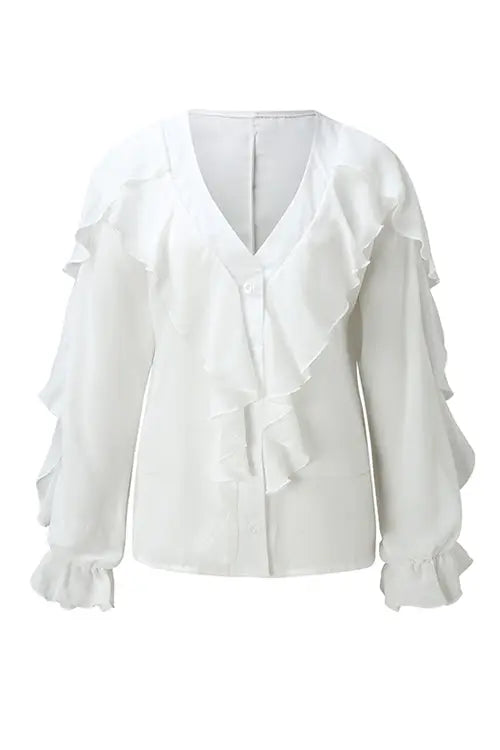 Ruffles Button V Neck Blouse - Fashionpara