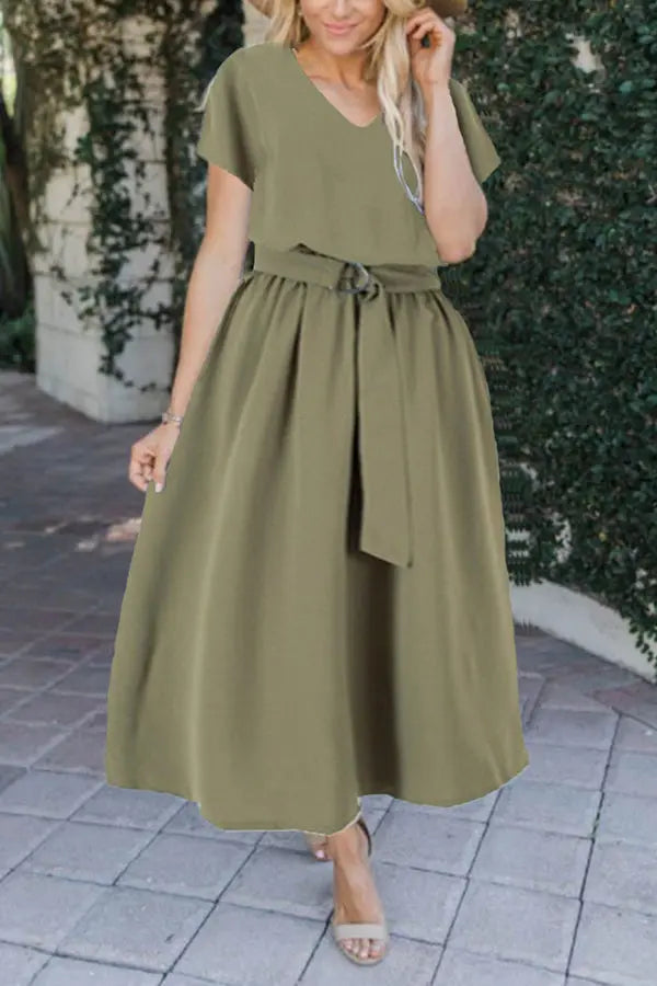 V Neck Belted Maxi Dress - Fashionpara
