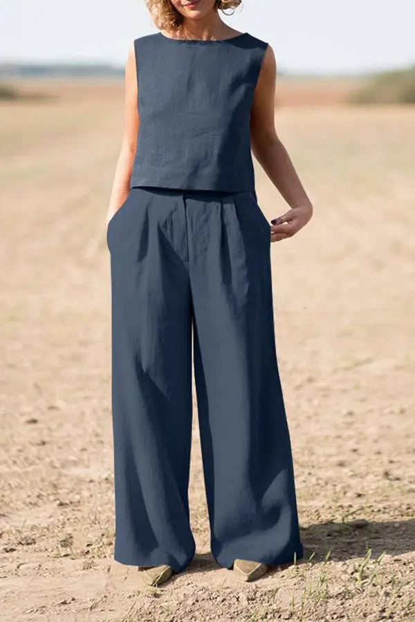 Solid Sleeveless Blouse Pants Set - Fashionpara