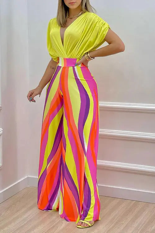 V Neck Bat Blouse Print Wide Leg Pants Set - Fashionpara