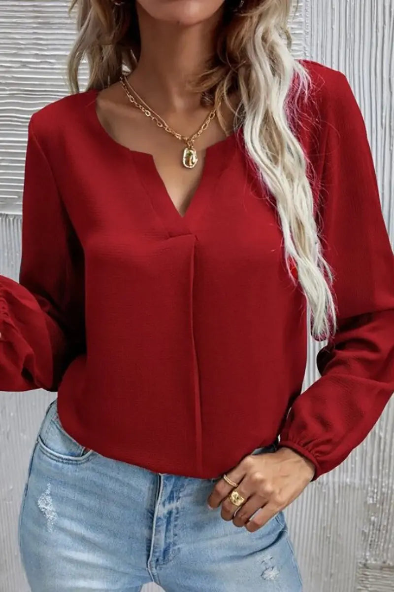 V Neck Long Sleeve Blouse - Fashionpara