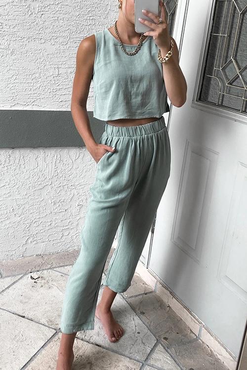 Solid Pockets Tank Pants Set - Fashionpara