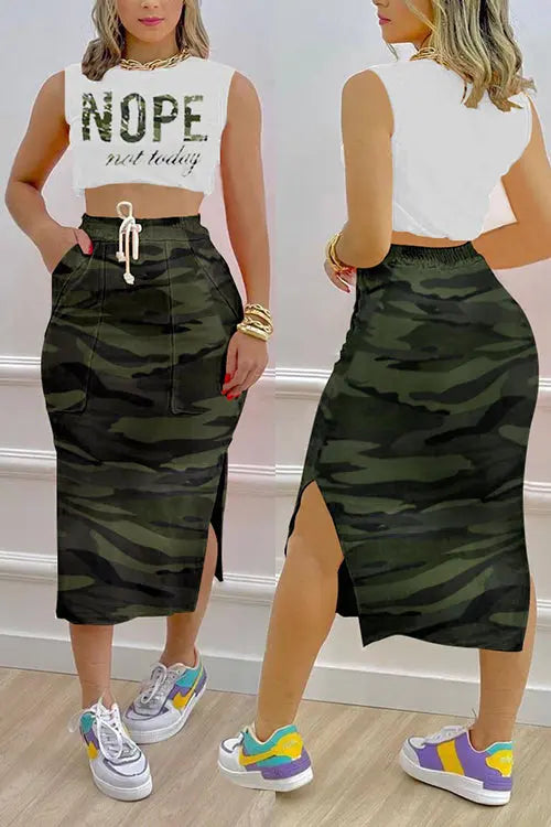 Crop Tank Top & Split Hem Skirt Set - Fashionpara