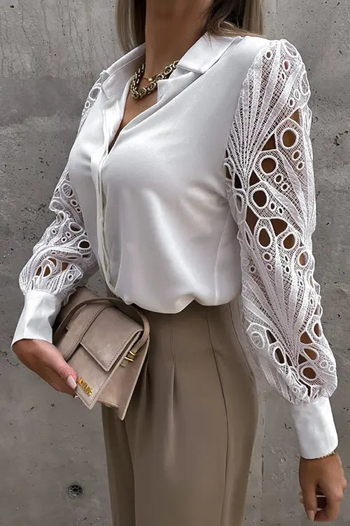 Hollow Lace Turndown Collar Blouse - Fashionpara