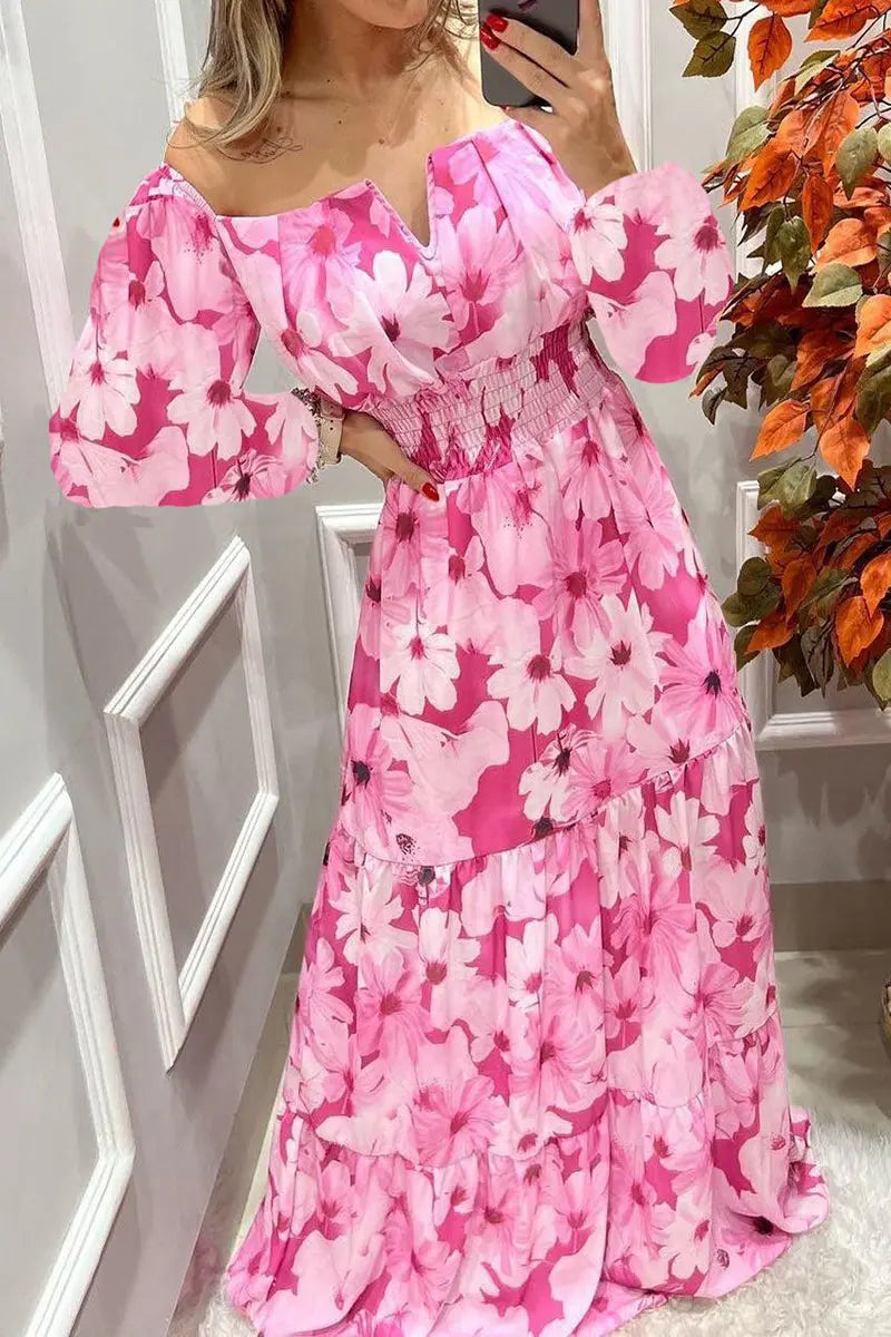 Floral Off Shoulder V Neck Maxi Dress - Fashionpara