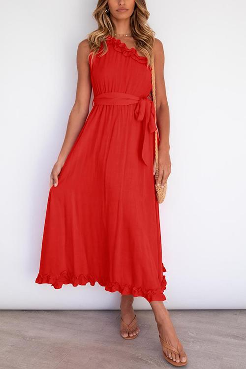 Ruffles One Shoulder Belted Maxi Dress - Fashionpara