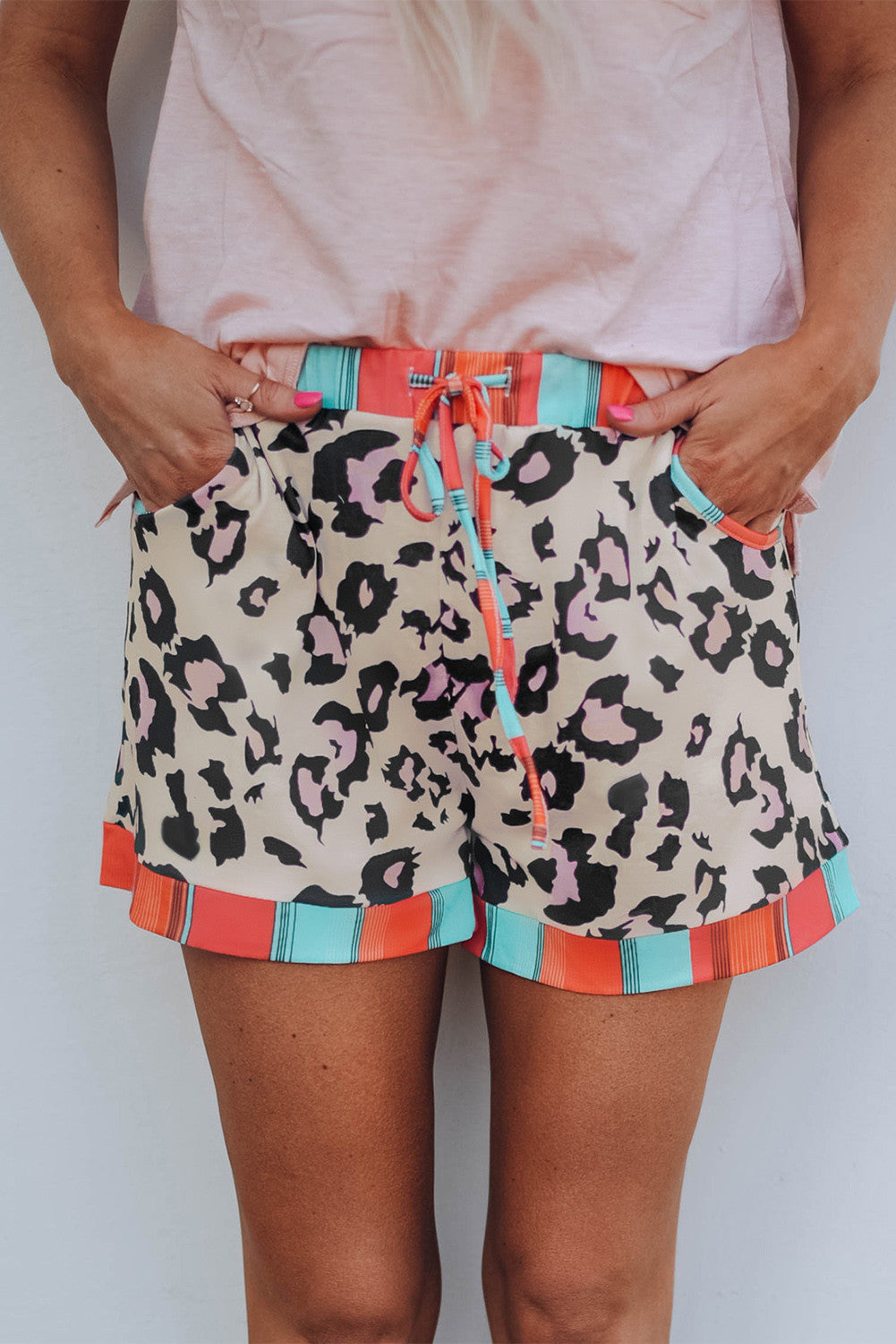 Leopard Patchwork Drawstring Shorts - Fashionpara