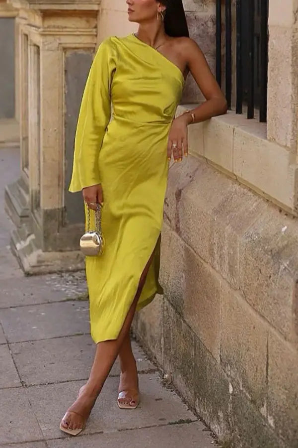 Satin One Shoulder Flares Sleeve Slit Midi Dress - Fashionpara