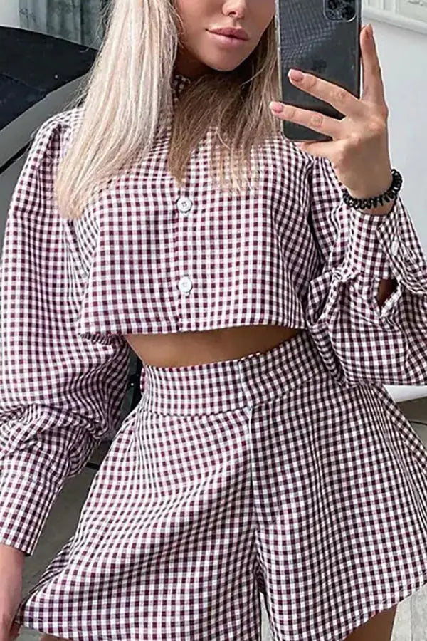 Plaid Button Crop Shirt Shorts Set - Fashionpara