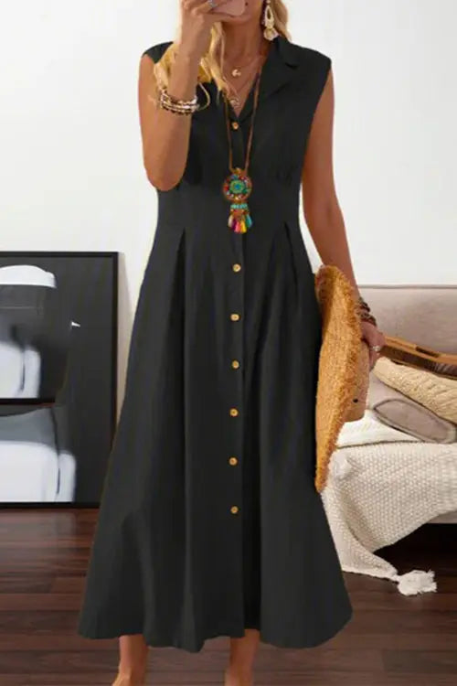 Lapel button Sleeveless Midi Dress - Fashionpara