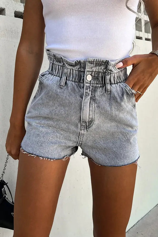 Sundays At The Market Cuffed Denim Paperbag Shorts - Fashionpara