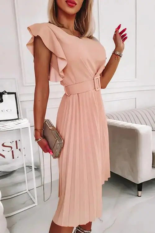 Ruffles O Neck Pleated Midi Dress - Fashionpara