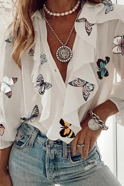 Ruffles Button V Neck Blouse - Fashionpara