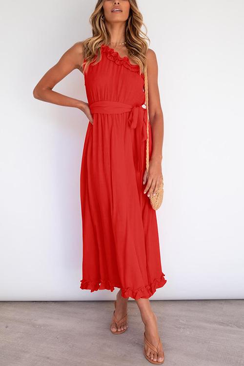 Ruffles One Shoulder Belted Maxi Dress - Fashionpara