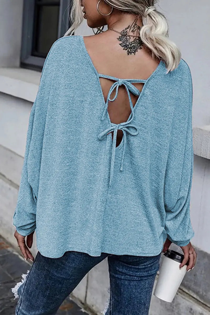 Tie Backless Long Sleeve Blouse - Fashionpara