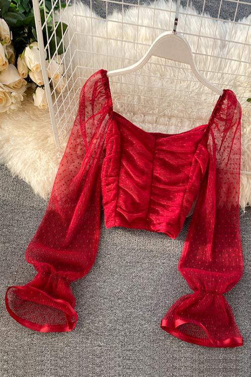 Mesh Puff Sleeve Crop Top - Fashionpara