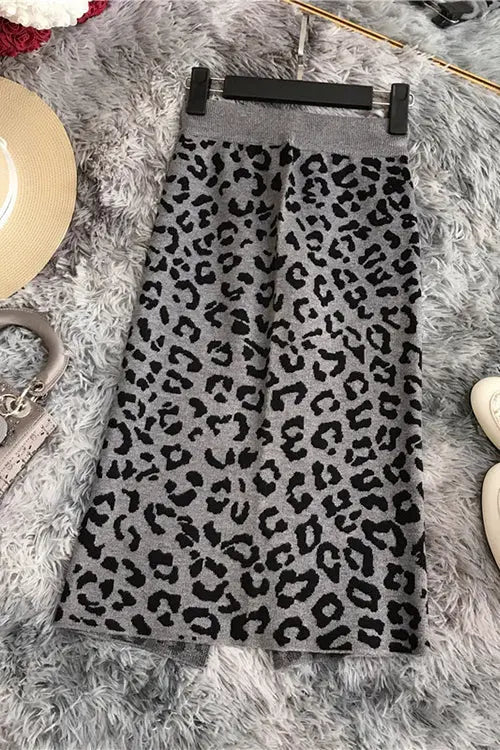 Knit Leopard Print Bodycon Skirt - Fashionpara